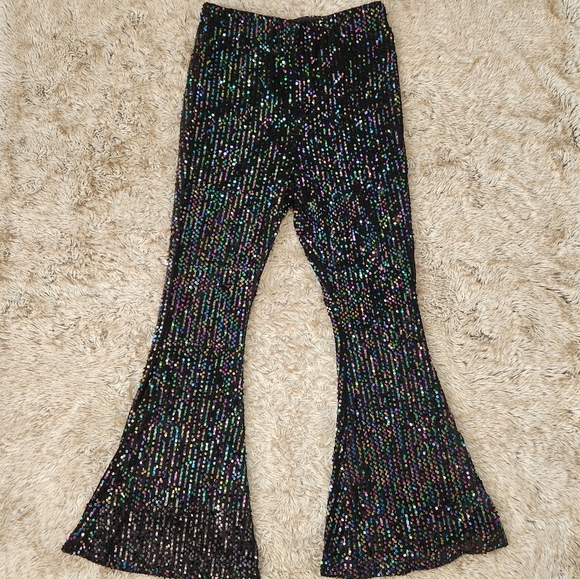 Free People‎ Sequin Festival Flares Stretchy Black Bell Bottoms Women's Large - Picture 2 of 11